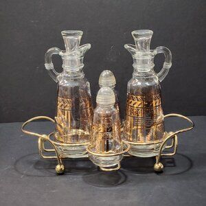 Vintage Anchor Hocking Oil & Vinegar Salt & Pepper Cruet Tray Stand ~ Gold Trim